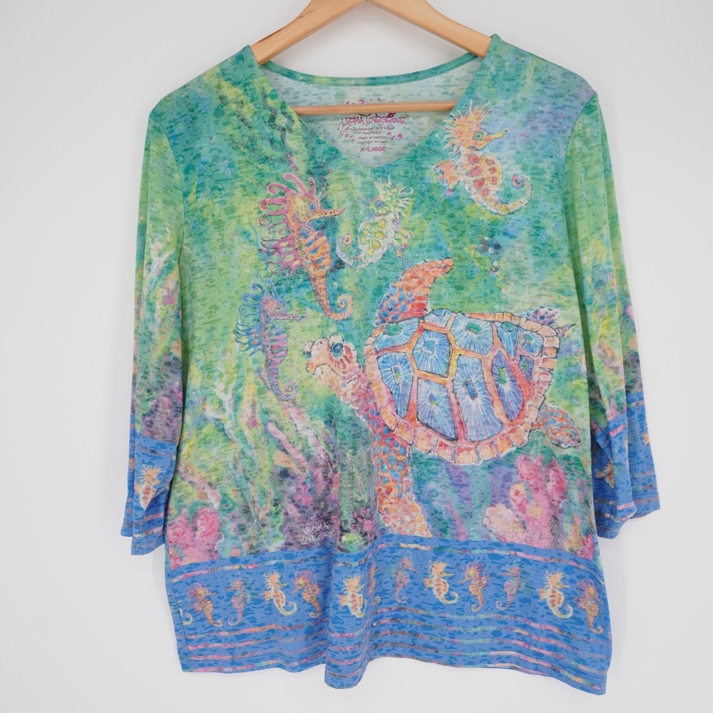 Leoma Lovegrove Artwear Tunic Top Womens XL Sea Turtle Seahorse Beach Casual